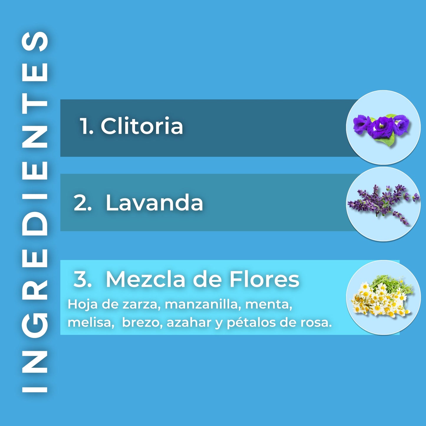 Tabla con ingredientes de Blue Zen: Butterfly pea flower, lavanda, manzanilla y mezcla de flores