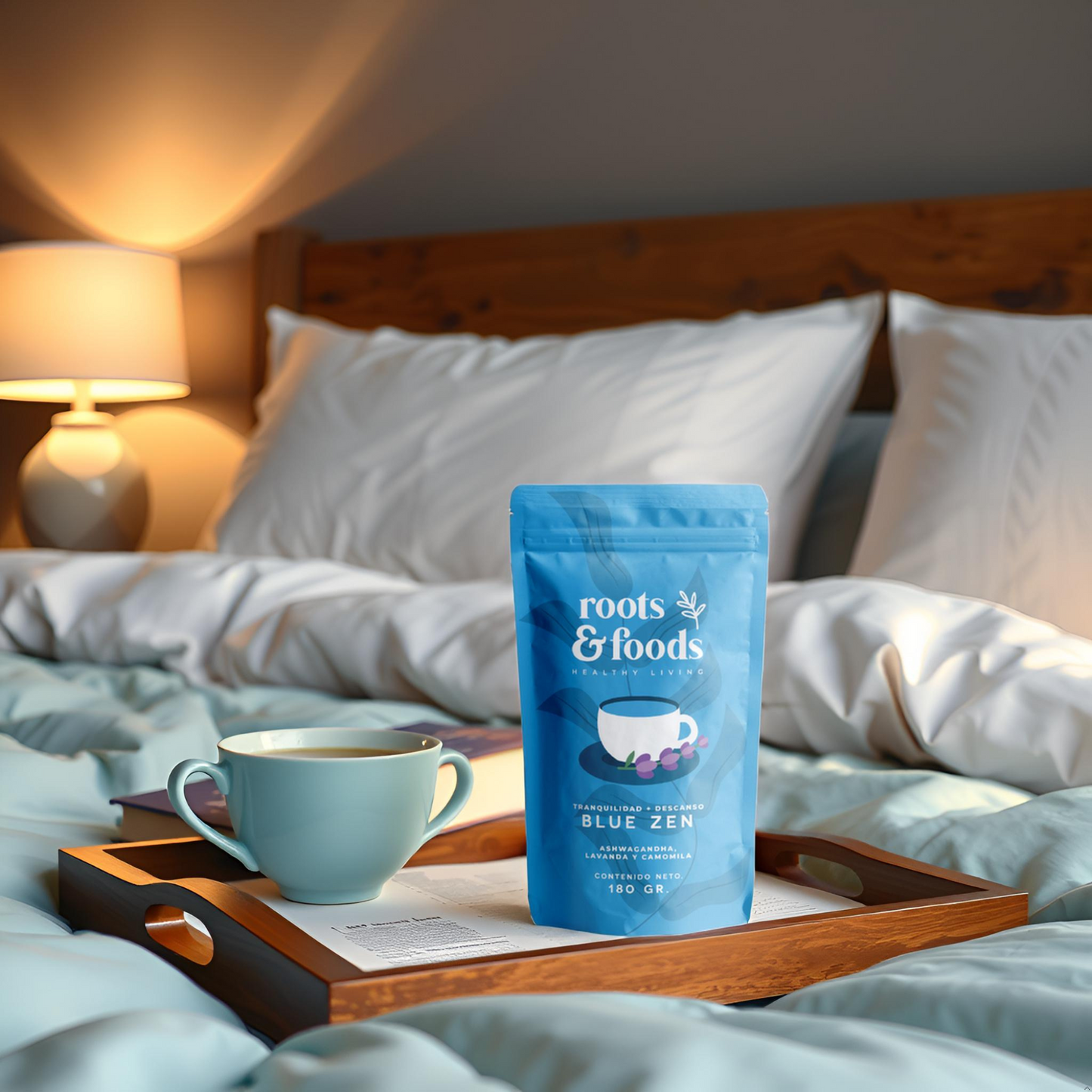 Bolsa de blue Zen junto a taza blanca sobre en charola de servicio de madera sobre cama tendida con edredón blanco