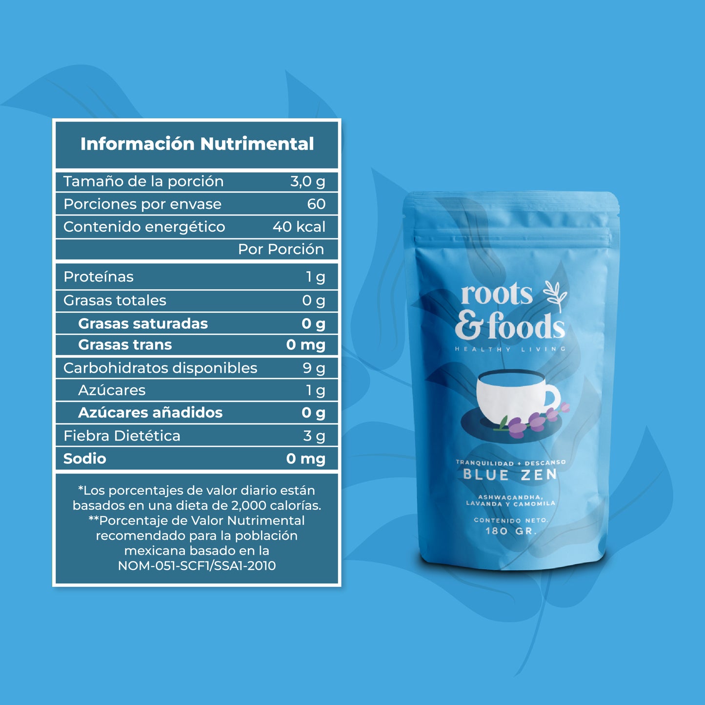 Bolsa de Blue Zen Roots & Foods con tabla nutrimental