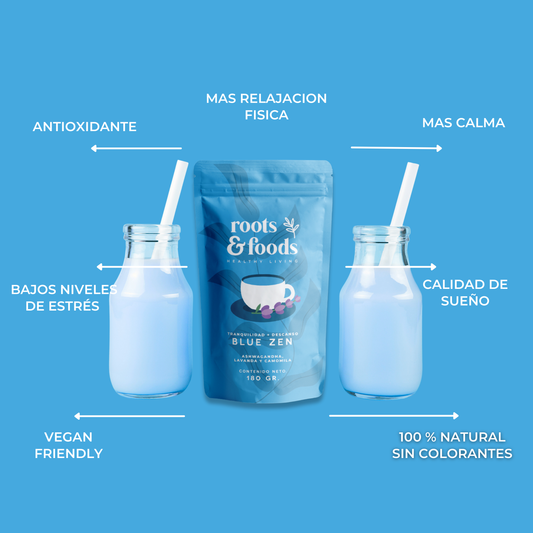 Bolsa de Blue Zen Roots & Foods con bebidas y sus beneficios antioxidante, mas calma, bajos niveles de estrés, calidad de sueño, vegan friendly