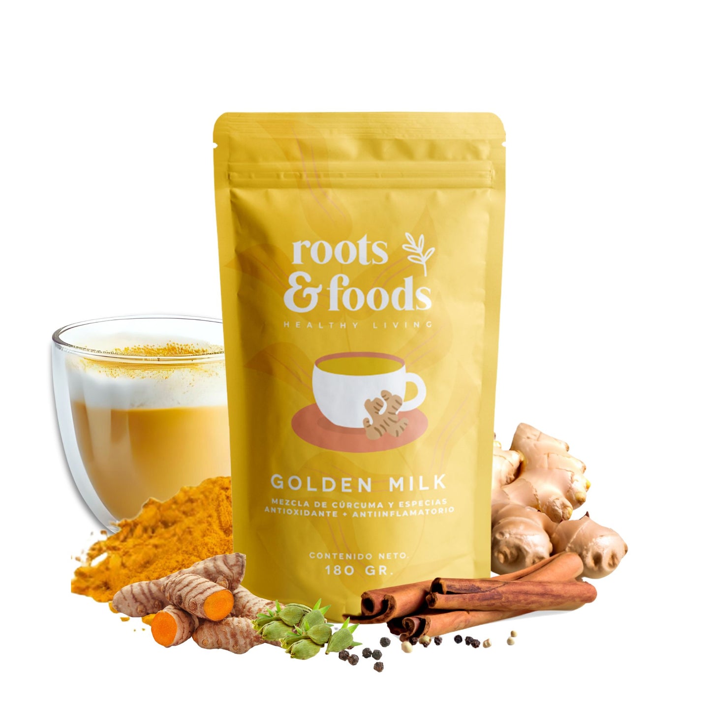 Bolsa de Golden Milk Roots & Foods con cúrcuma, canela, jengibre, cardamomo, pimienta y con la bebida preparada