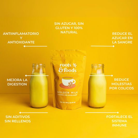 Bolsa de Golden Milk Roots & Foods con bebidas y beneficios antiinflamatorio, antioxidante, reduce niveles de azúcar, mejora la digestión, reduce malestares por cólicos, fortalece el sistema inmune, sin azúcar, sin gluten, totalmente natural