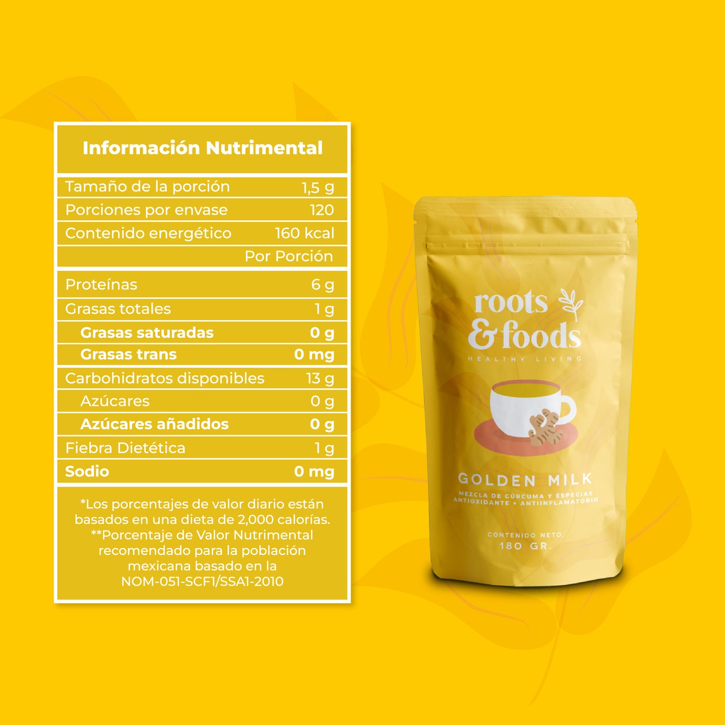 Bolsa de Golden Milk Roots & Foods con tabla nutrimental