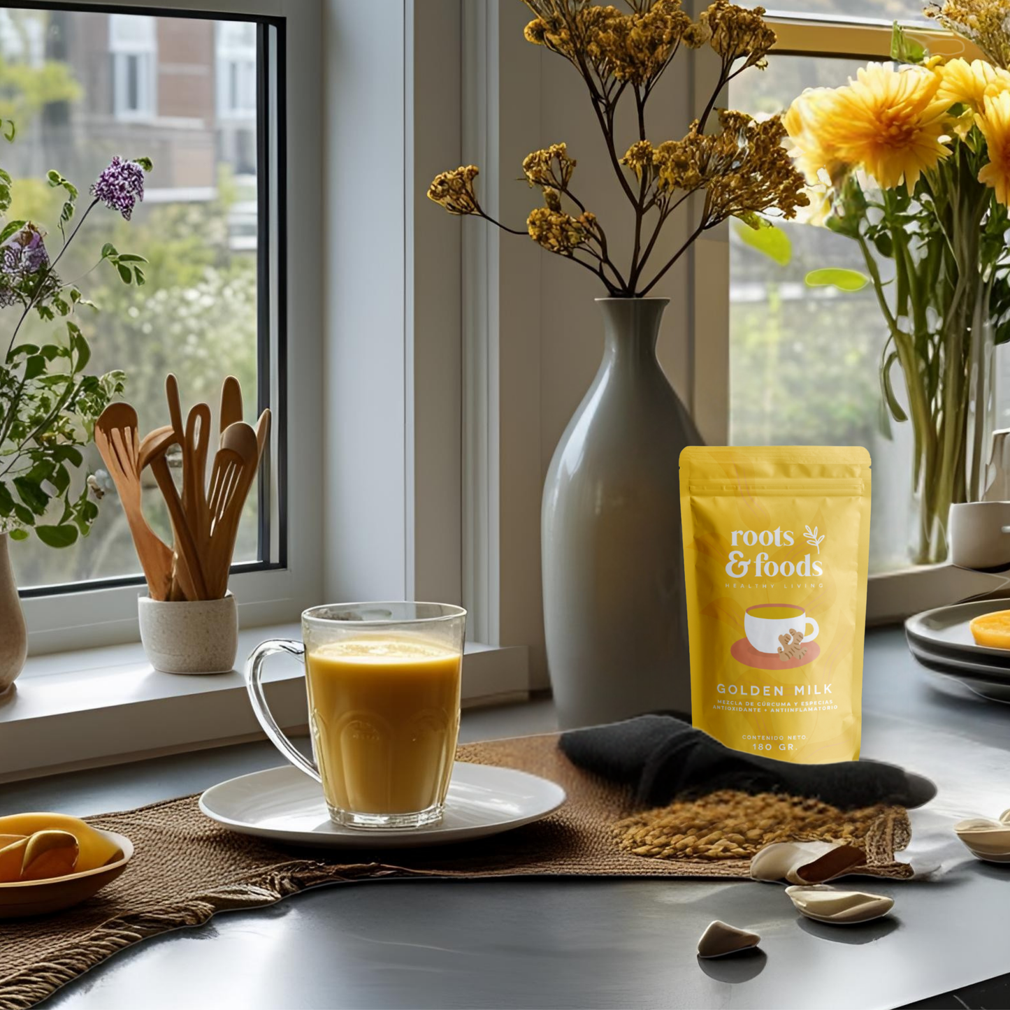 Bolsa de golden milk con bebida dorada en una mesa decorada con flores frente a una ventana