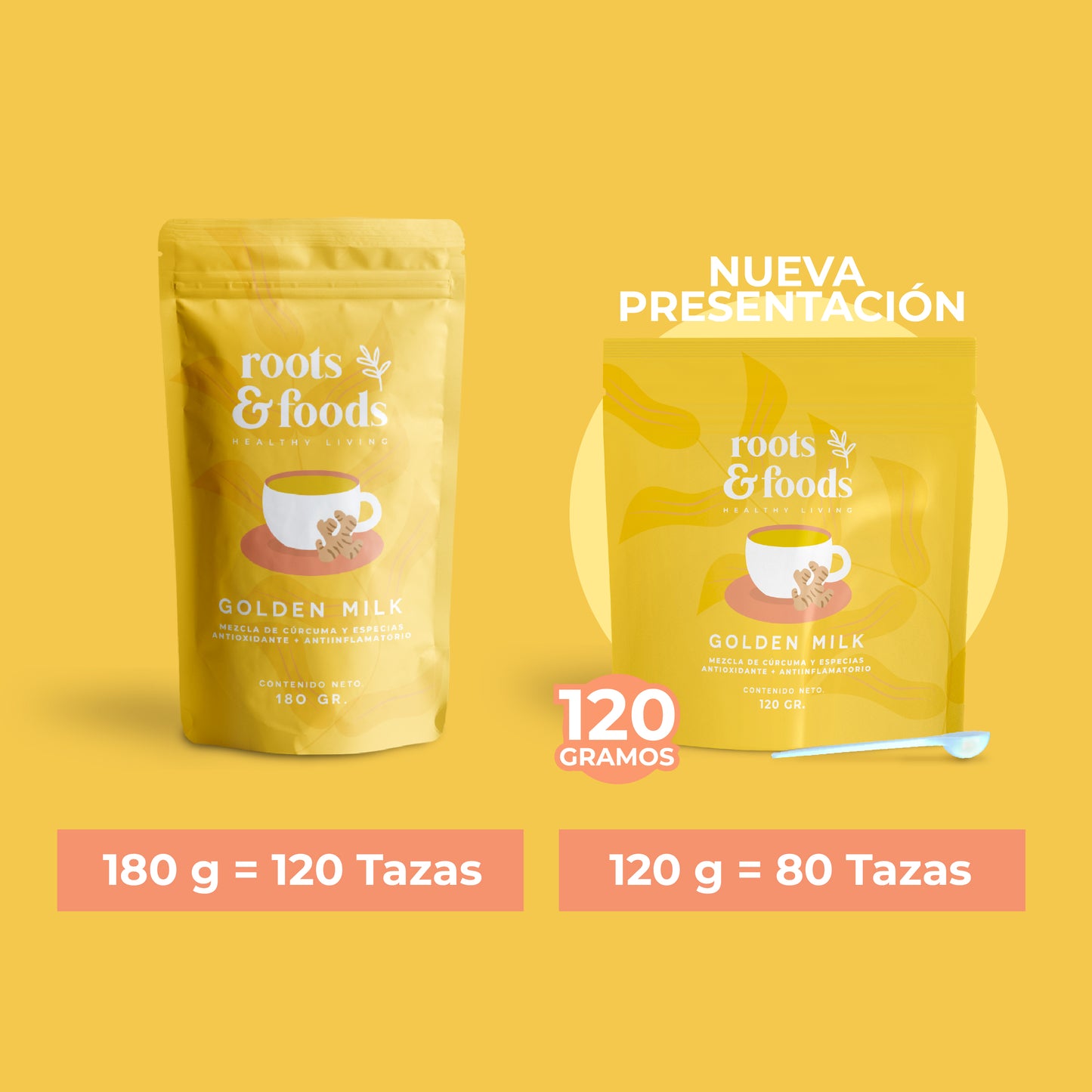 Golden Milk de Roots & Foods en sus dos presentaciones de 180 grs y 120 grs con rendimiento de 120 y 80 tazas respectivamente