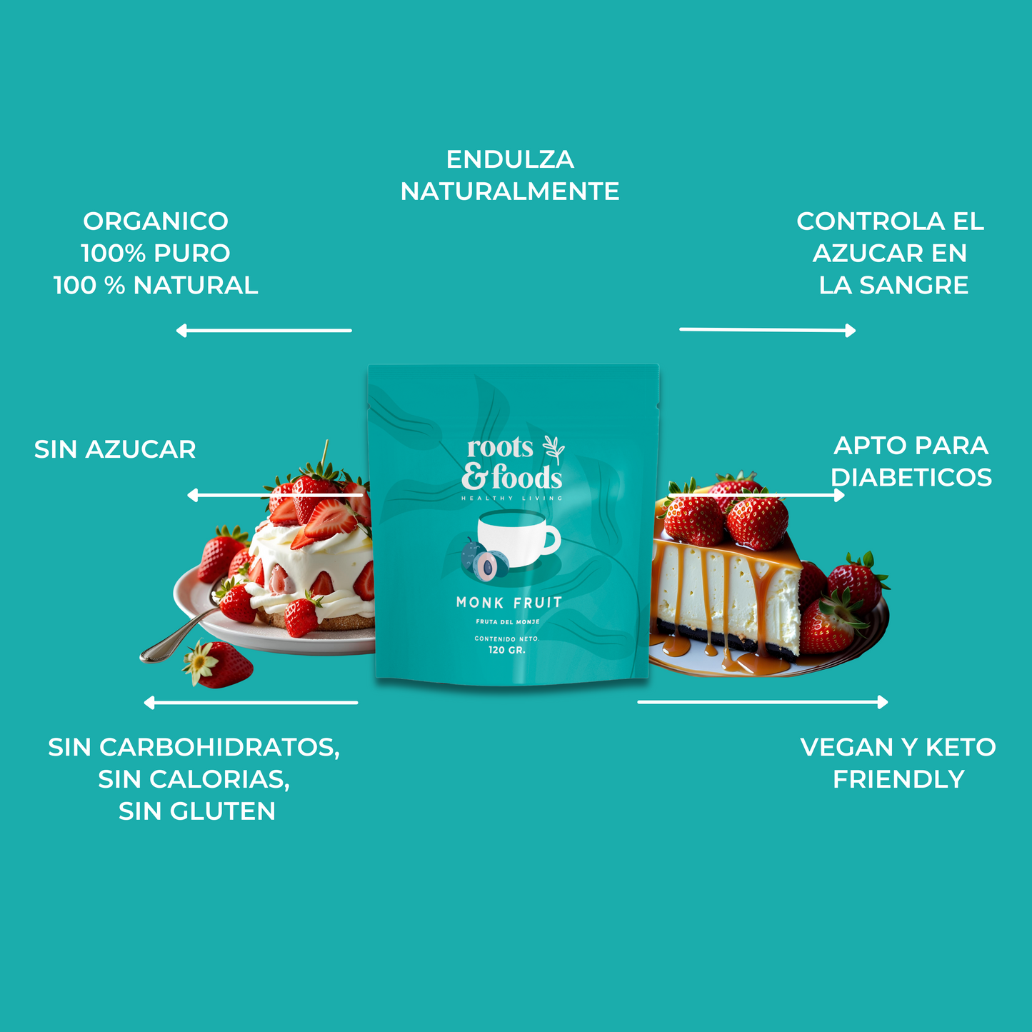 Monk Fruit o fruto del monje Roots & Foods, 2 postres ricos y beneficios endulza naturalmente, sin calorías, control de azúcar en la sangre, vega y keto friendly, sin rellenos, totalmente natural, orgánico