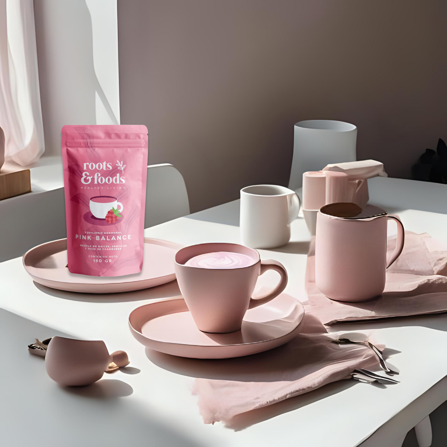 servicio de pink balance en servicio de cerámica rosa, sobre mesa con mantel blanco frente a una ventana