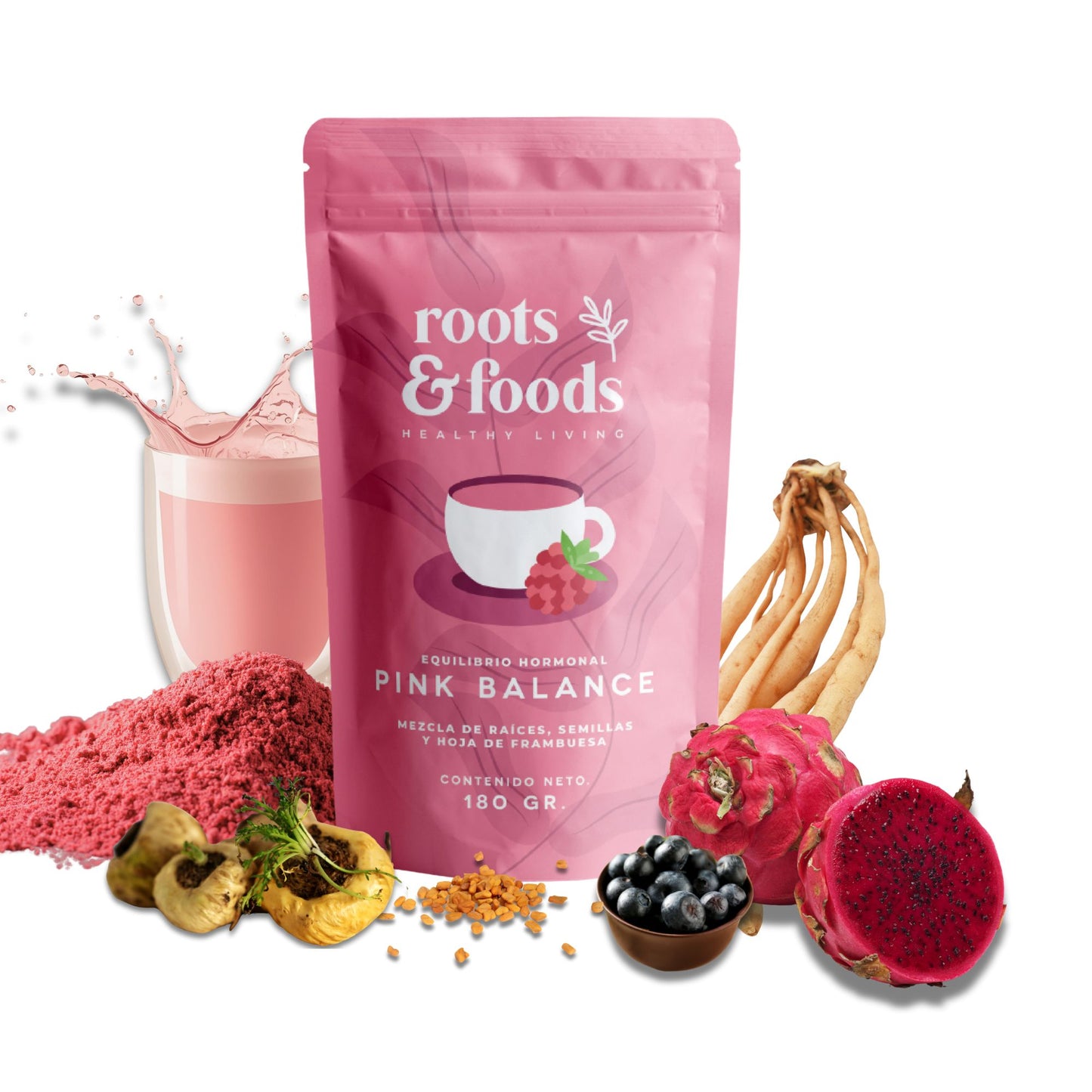 Vaso con Pink Balance Roots & Foods con ingredientes sobre fondo blanco.