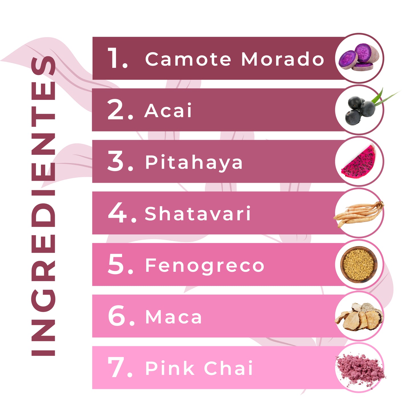 listado de ingredientes de Pink Balance camote morado, acai, pitahaya, shatavari, fenogreco, maca, cascara de naranja, canela, jengibre, hinojo, raíz de regaliz, clavo, semilla de anís, betabel y pétalos de rosas sobre fondo blanco