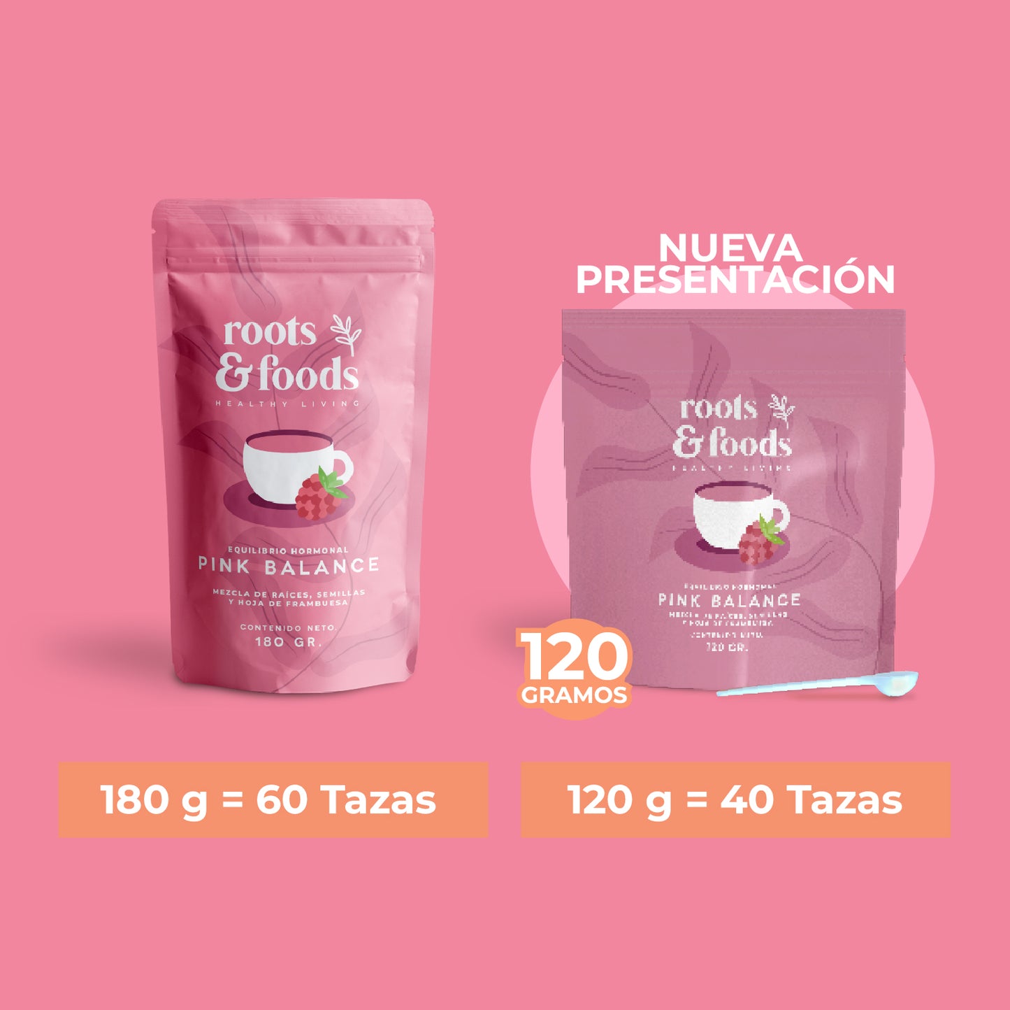 Muestra las dos presentaciones de pink balance de 180 y 120 gramos con rendimiento de 60 y 40 tazas respectivamente