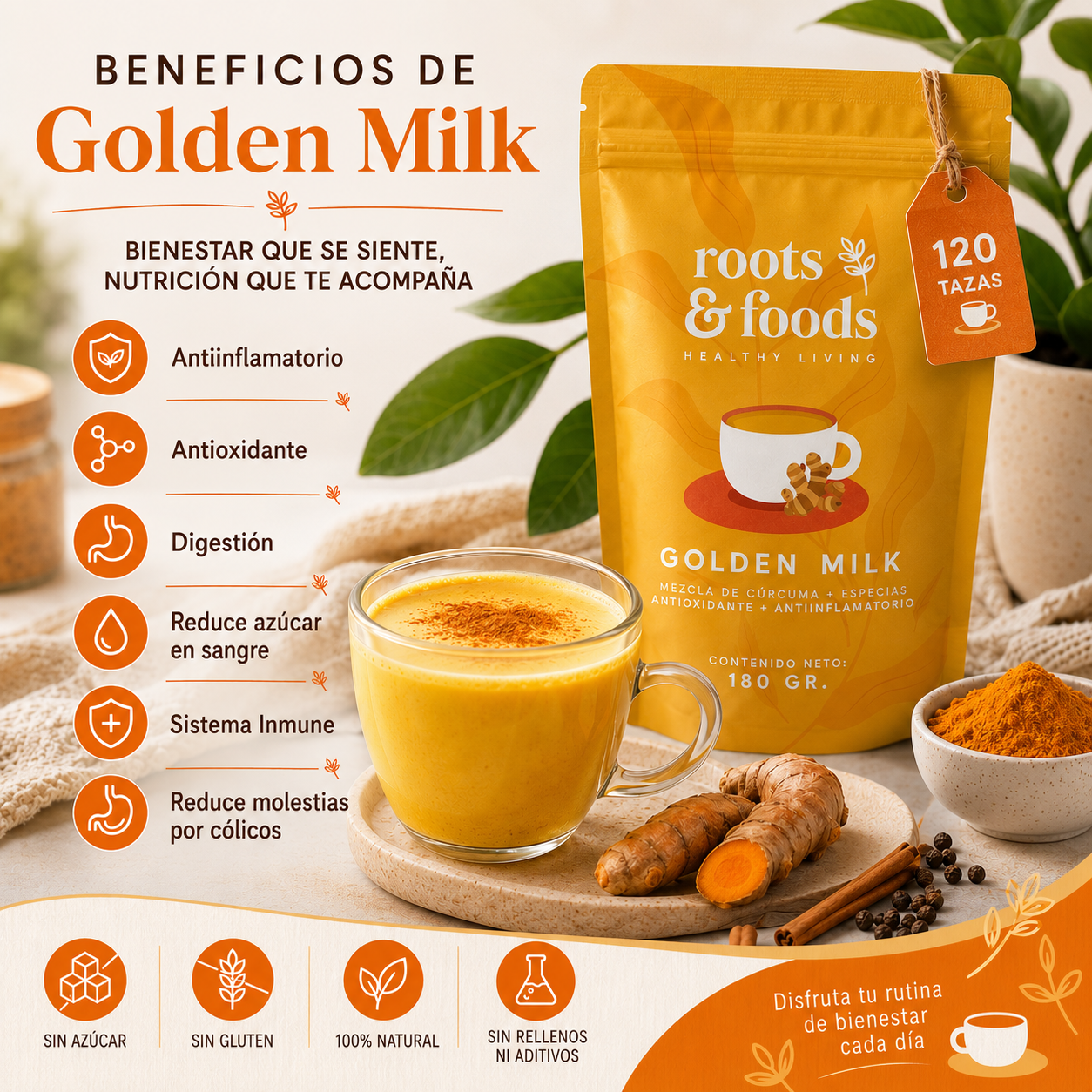 Golden Milk | Leche Dorada Orgánica en Polvo — 120 Tazas, Sin Rellenos