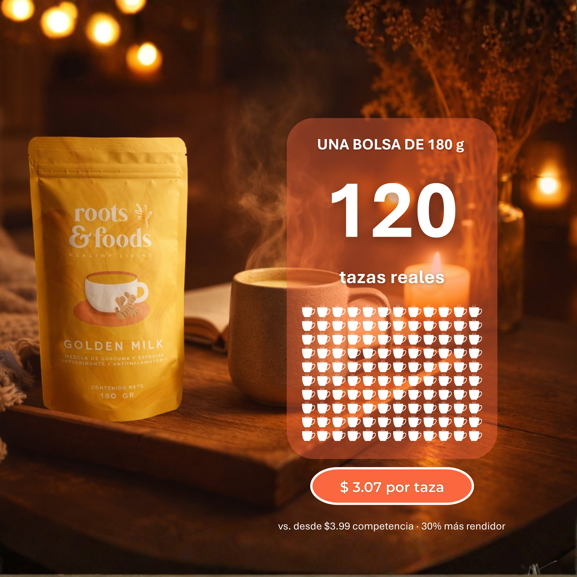 Golden Milk de 180 g marca Roots and Foods rinde 120 tazas 