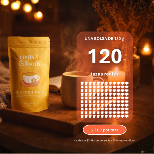 Golden Milk de 180 g marca Roots and Foods rinde 120 tazas 