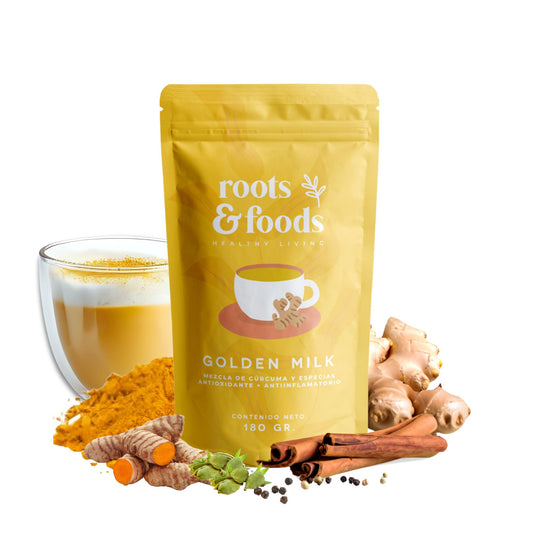 Bolsa de Golden Milk Roots & Foods con cúrcuma, canela, jengibre, cardamomo, pimienta y con la bebida preparada