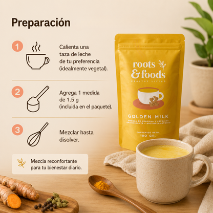 ¿Como preparar Golden Milk de forma tradicional? Calienta una taza de leche de tu preferencia (idealmente vegetal), agrega 1.5 g de golden milk marca roots and foods, mezcla hasta incorporar, endulza a tu gusto