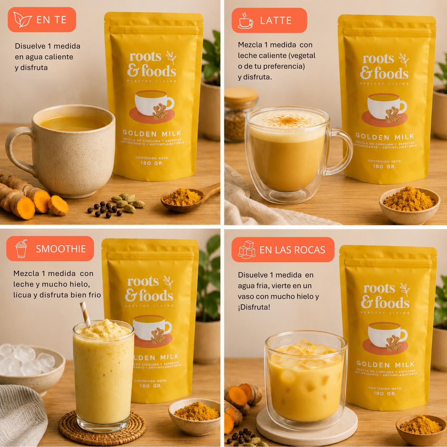 ¿Cómo se puede tomar la Golden Milk de Roots and Foods? es muy versátil, puedes tomarlo en ten mis alimentos  con agua, o tipo latte con leche, también lo puedes tomar frio en smoothies/frappe, en las rocas y también lo puedes integrar en tus alimentos como aderezos para ensalada, galletas, cereal y mucho mas