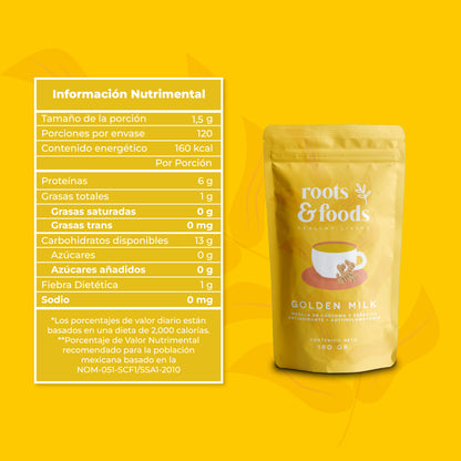 Bolsa de Golden Milk Roots & Foods con tabla nutrimental