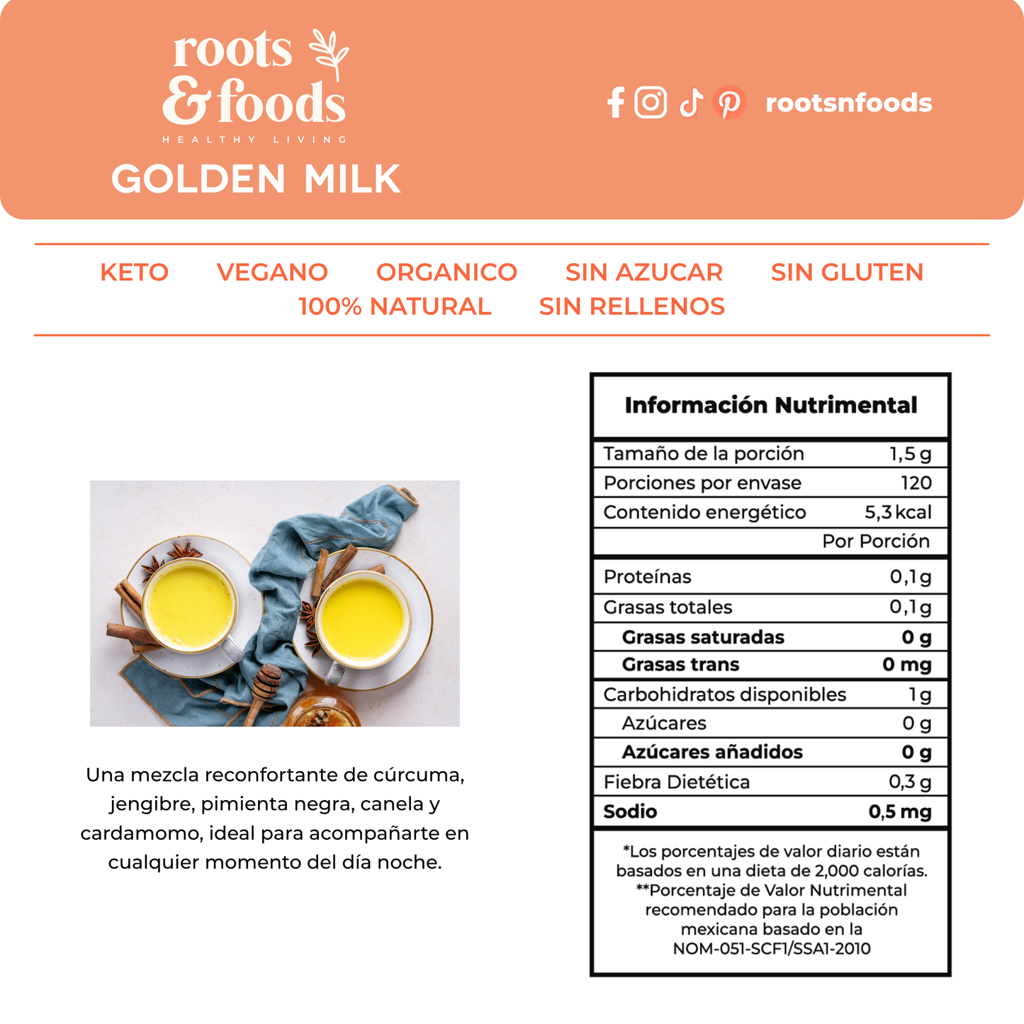 Golden Milk Keto, vegana orgánica sin azúcar sin gluten 100% natural y sin rellenos marca roots and foods