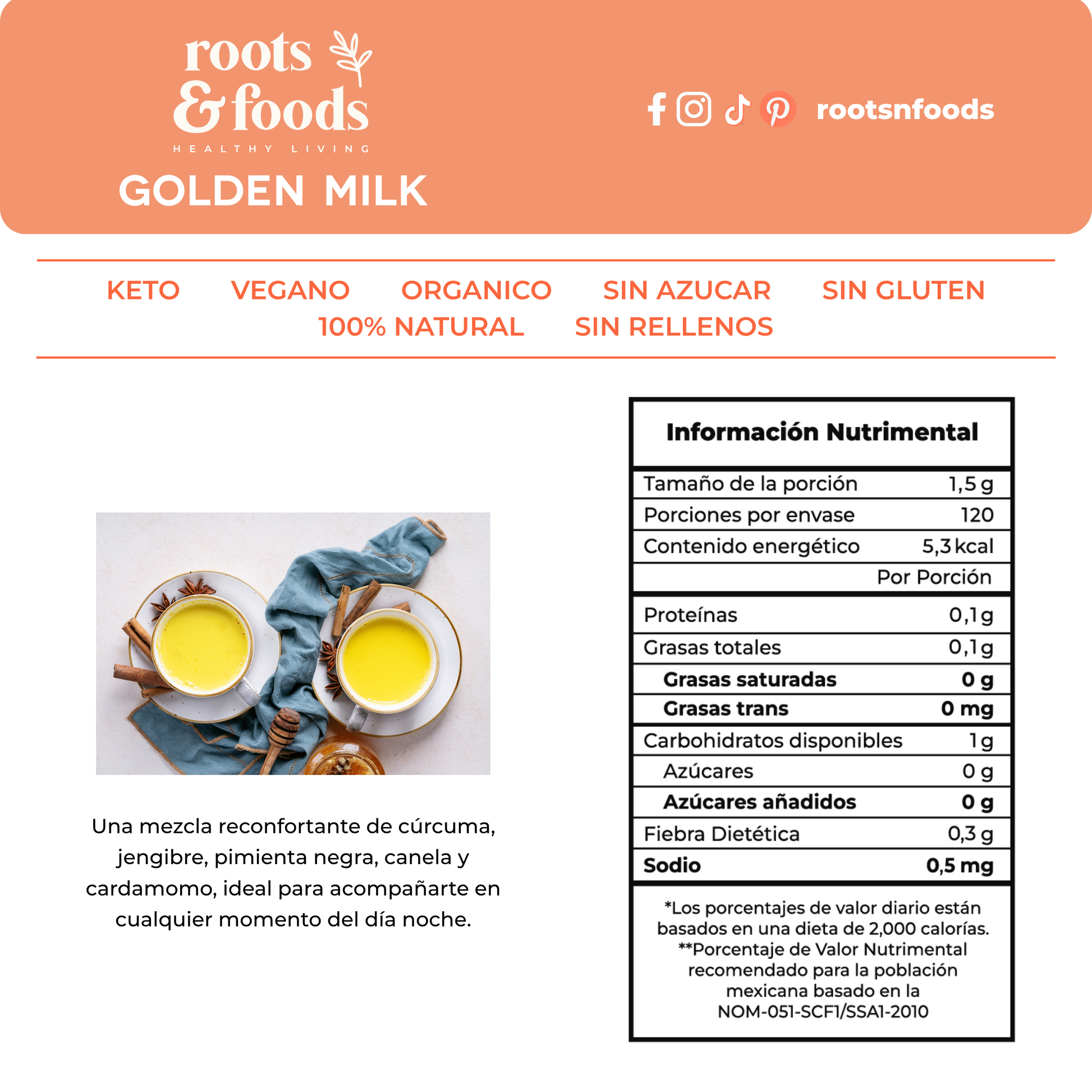 Golden Milk Keto, vegana orgánica sin azúcar sin gluten 100% natural y sin rellenos marca roots and foods