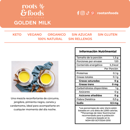 Golden Milk Keto, vegana orgánica sin azúcar sin gluten 100% natural y sin rellenos marca roots and foods