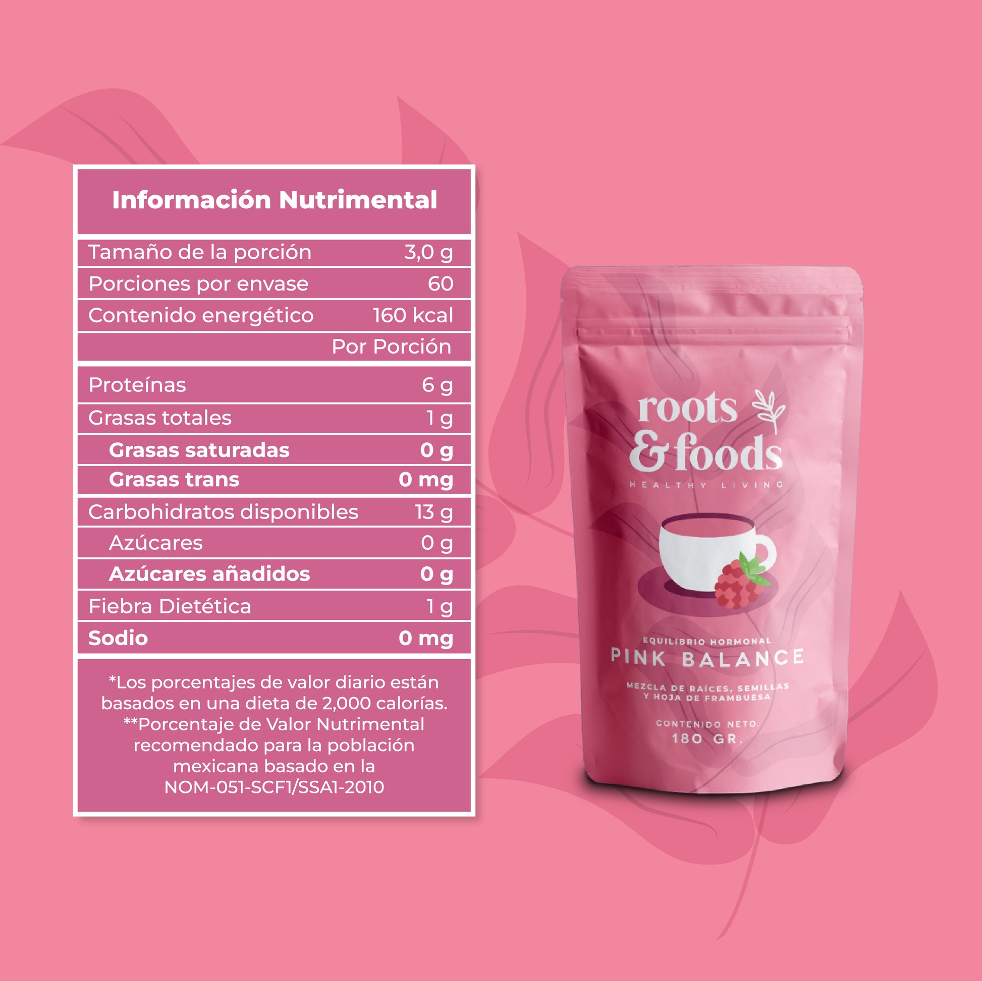 Tabla de información nutrimental de Pink Balance Roots & Foods sobre fondo rosa pastel.