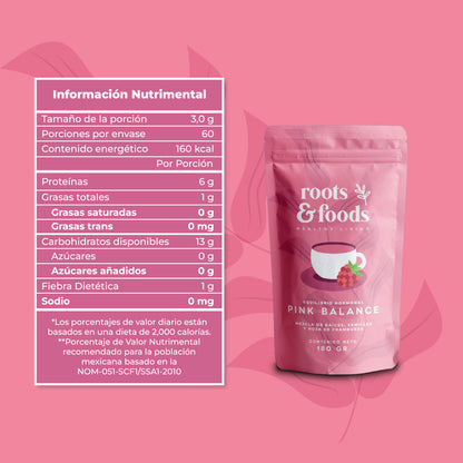 Tabla de información nutrimental de Pink Balance Roots & Foods sobre fondo rosa pastel.