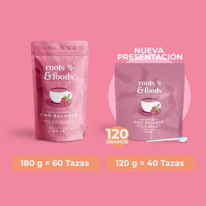 Muestra las dos presentaciones de pink balance de 180 y 120 gramos con rendimiento de 60 y 40 tazas respectivamente