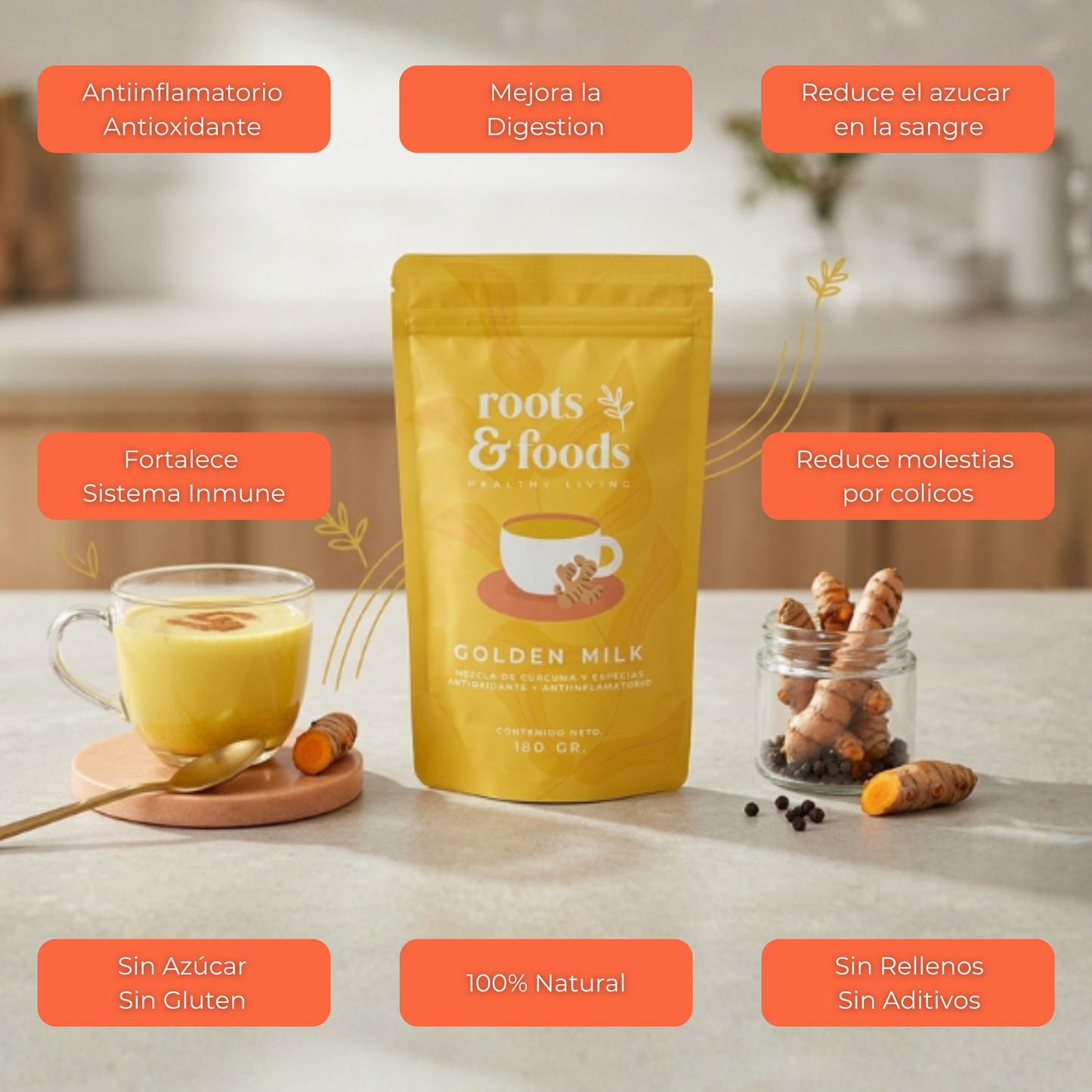 Los beneficios de Golden Milk de Roots and Foods: Reduce molestias por cólicos, fortalece el sistema inmune y es antioxidante 